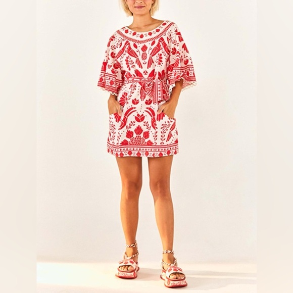 Farm Rio Jungle Flow Belted Mini Dress Red/ Cream Linen, Small - Picture 1 of 16